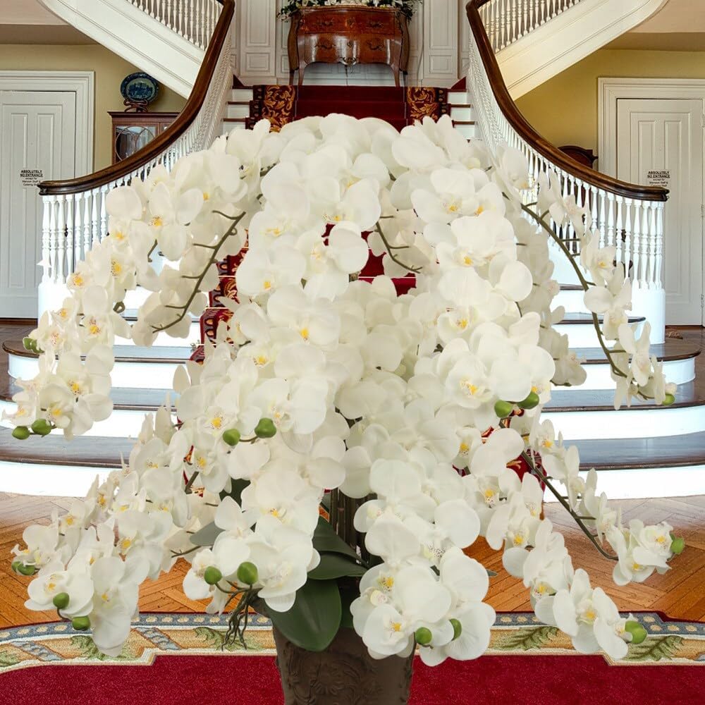49" White Artificial Orchid Stem – Faux Real Touch Phalaenopsis with 16 Large Silk Flower Heads – Tall Decorative Orchid for Home Decor, Wedding Arrangements, Office, and Centerpieces