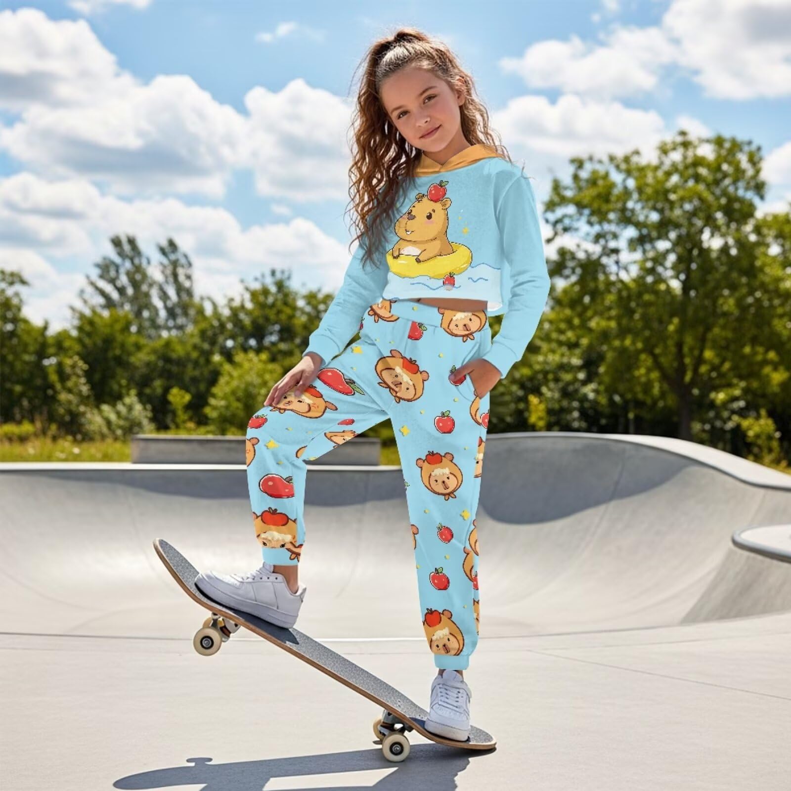 Tuta attiva da ragazza 2 pezzi con felpa e pantaloni Set tuta da ragazza Set di abbigliamento per bambini Crop con cappuccio