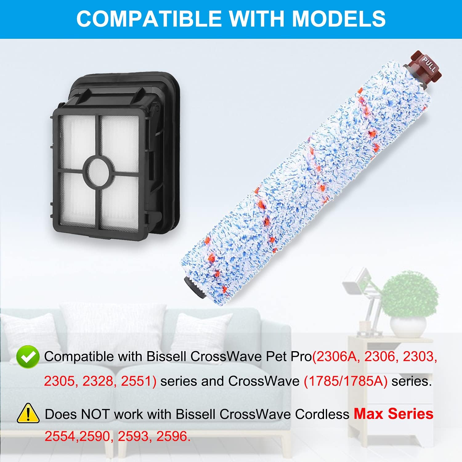 Dhoua 8 Pack Replacement Parts for Bissell CrossWave 1785 2306 2551 Series Vacuum Cleaner, 4 Pack 1868 Multi-Surface Brush Rolls + 4 Pack 1866 Vacuum Filters,Compare to Part 1608683, 160-8683, 1608684