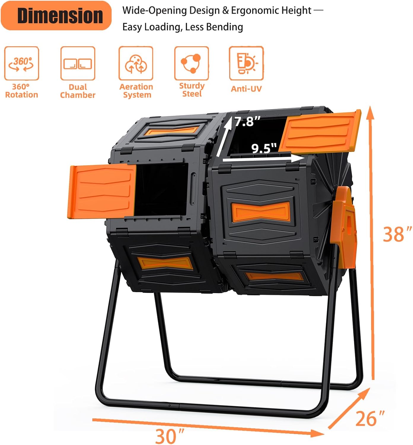 Compost Tumbler, 45-Gal Dual Chamber Compost Bins, BPA-Free Tumbling Composting Bins with 2 Sliding Doors and Metal Frame,Easy Assembly Large Composter Tumbler Outdoor Compost Bin Kitchen