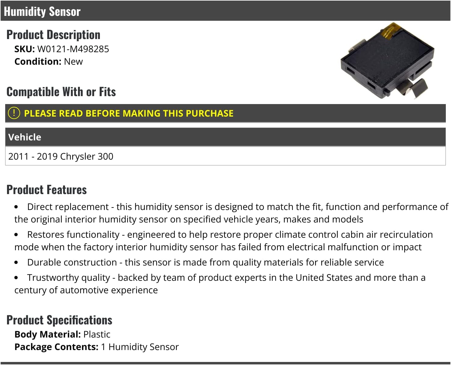 Marketplace Auto Parts Humidity Sensor - Compatible with 2011-2019 Chrysler 300