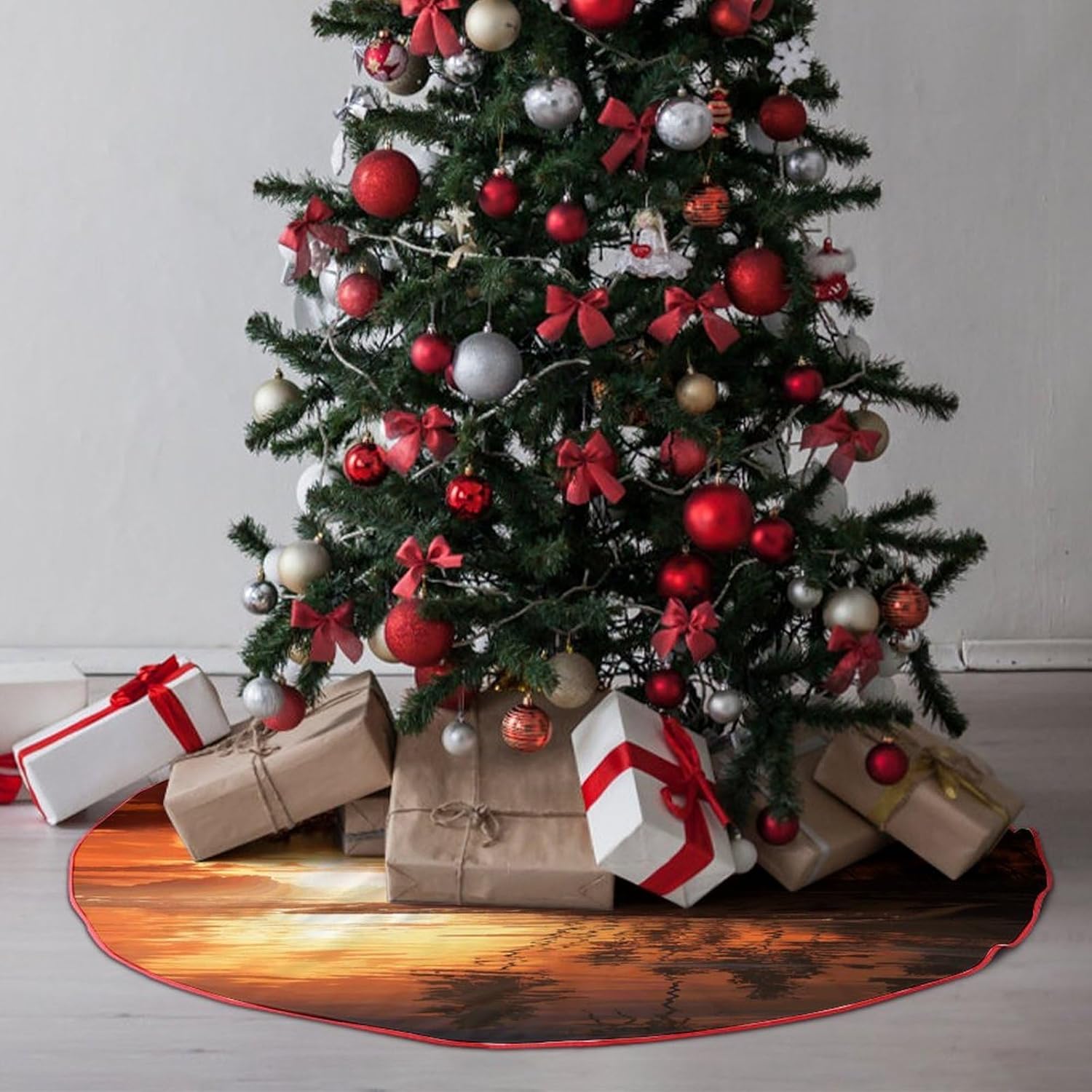 Christmas Tree Skirt,for Xmas Tree Holiday Party Decorations Palm Tree Sunset Printed Christmas Tree Mat Red Lace-up Christmas Tree Dress
