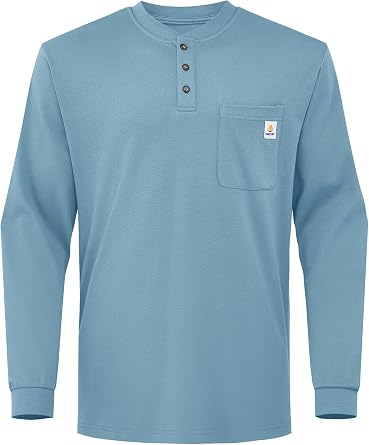 FR Shirts for Men Light Weight Flame Resistant Henley Shirts Long Sleeve Shirts HRC2/CAT2 6.5oz 100% Cotton