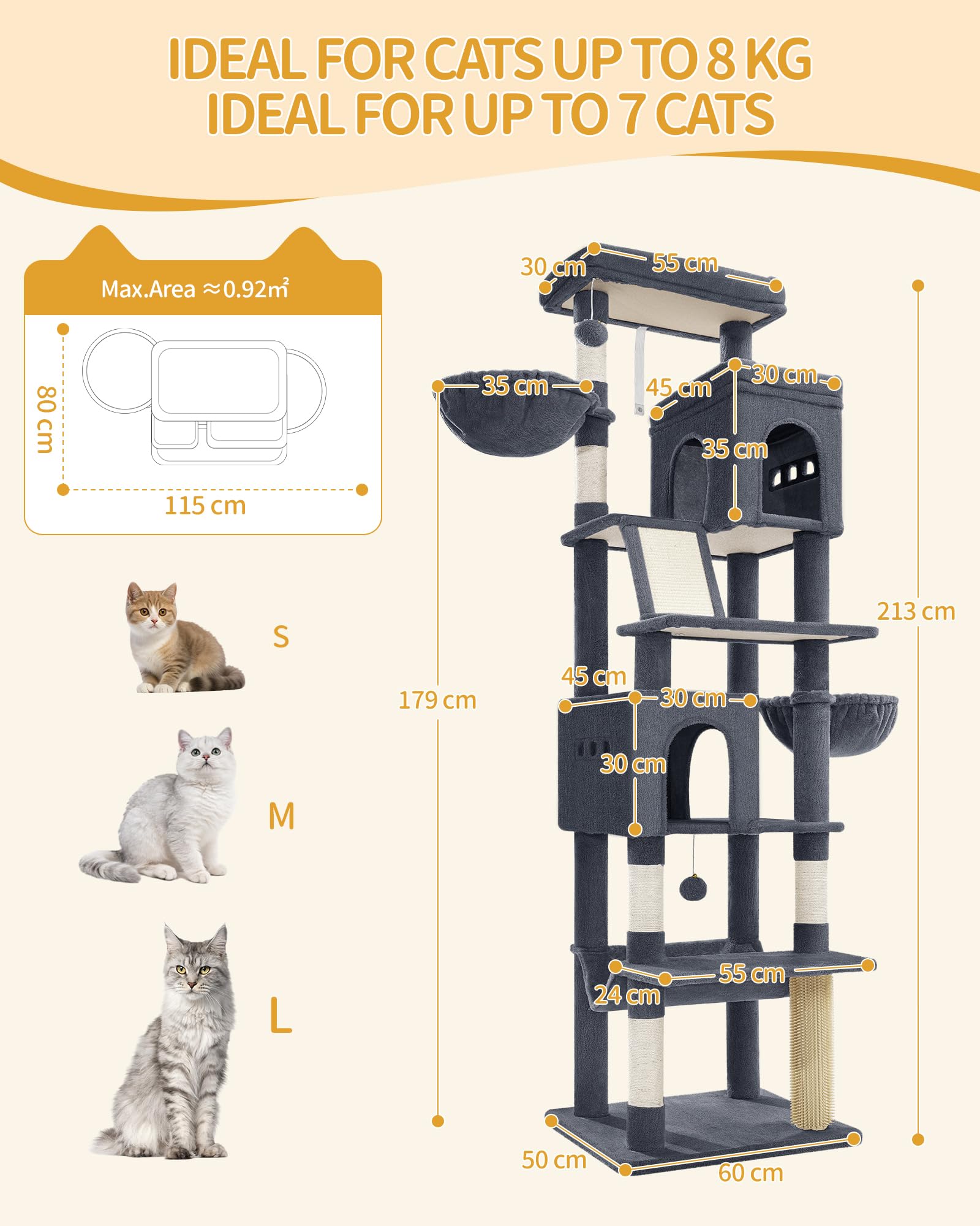 Hzuaneri Árbol para Gatos Grande, Torre para Gatos de Interior 213 cm con 2 Plataformas Grandes, 2 Cuevas, 2 Cestas, Hamaca y 5 Postes Rascadores, para Todas Las Razas, Gris Oscuro, MS21318SG