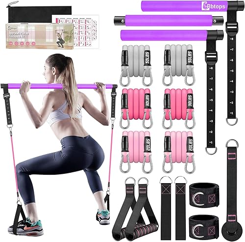 Miniatura 17 de Kit de barra de pilates Bbtops con bandas de resistencia, barra de pilates con bandas apilables, equipo de entrenamiento para piernas, cadera