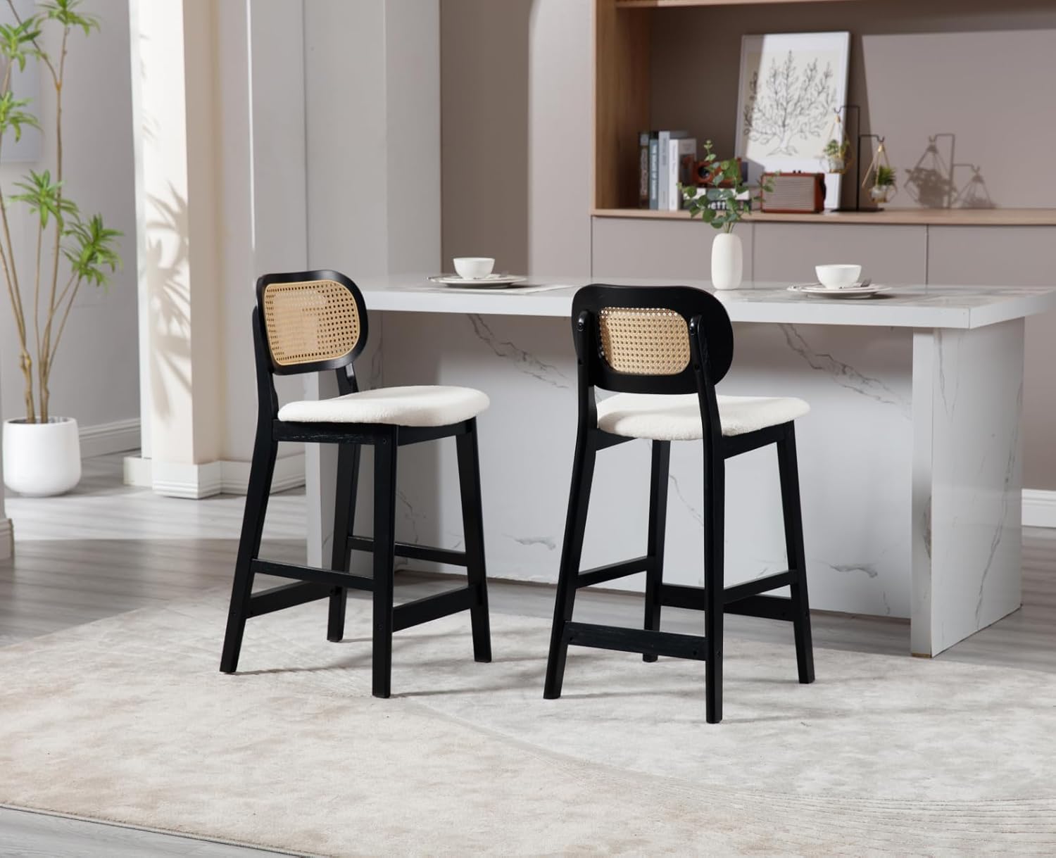 CIMOTA Farmhouse Counter Height Bar Stoos Set of 2 Rattan Back Boho Stools for Kitchen Island 26 Inch Bar Chairs Wooden Barstools, Black Wood/Sherpa Cream