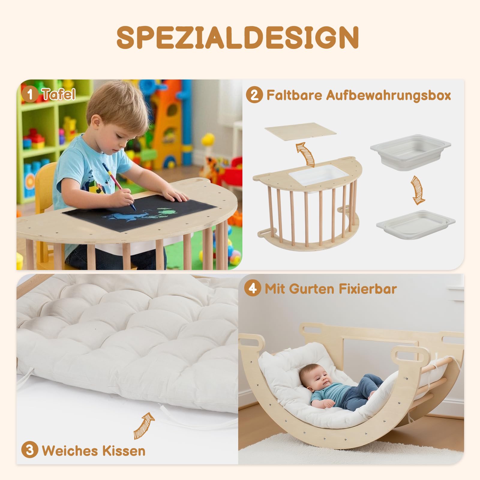 LEADZM 5-in-1 Kletterbogen für Kinder, Schaukelstuhl mit Kissen und Sensoriktisch, Montessori-Kletterspielzeug mit faltbarem Ablagebecken und Tafel, Motorik-Spielzentrum für Babys