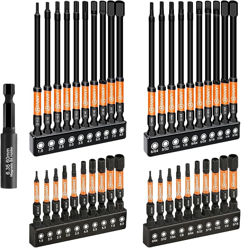 Impact Allen Wrench Drill Bit Set,41PCS 2"&4" Long Hex Bit Set(Metric & SAE), 1/4" Hex-Shank S2 Steel,Impact Driver Bit Set, Magnetic CNC Tips for Drill & Driver with Storage Box
