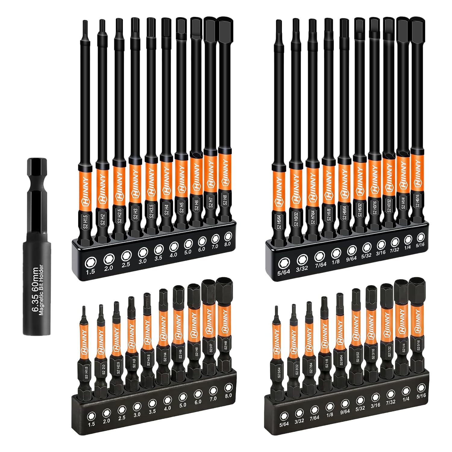Impact Allen Wrench Drill Bit Set,41PCS 2"&amp;4" Long Hex Bit Set(Metric &amp; SAE), 1/4" Hex-Shank S2 Steel,Impact Driver Bit Set, Magnetic CNC Tips for Drill &amp; Driver with Storage Box