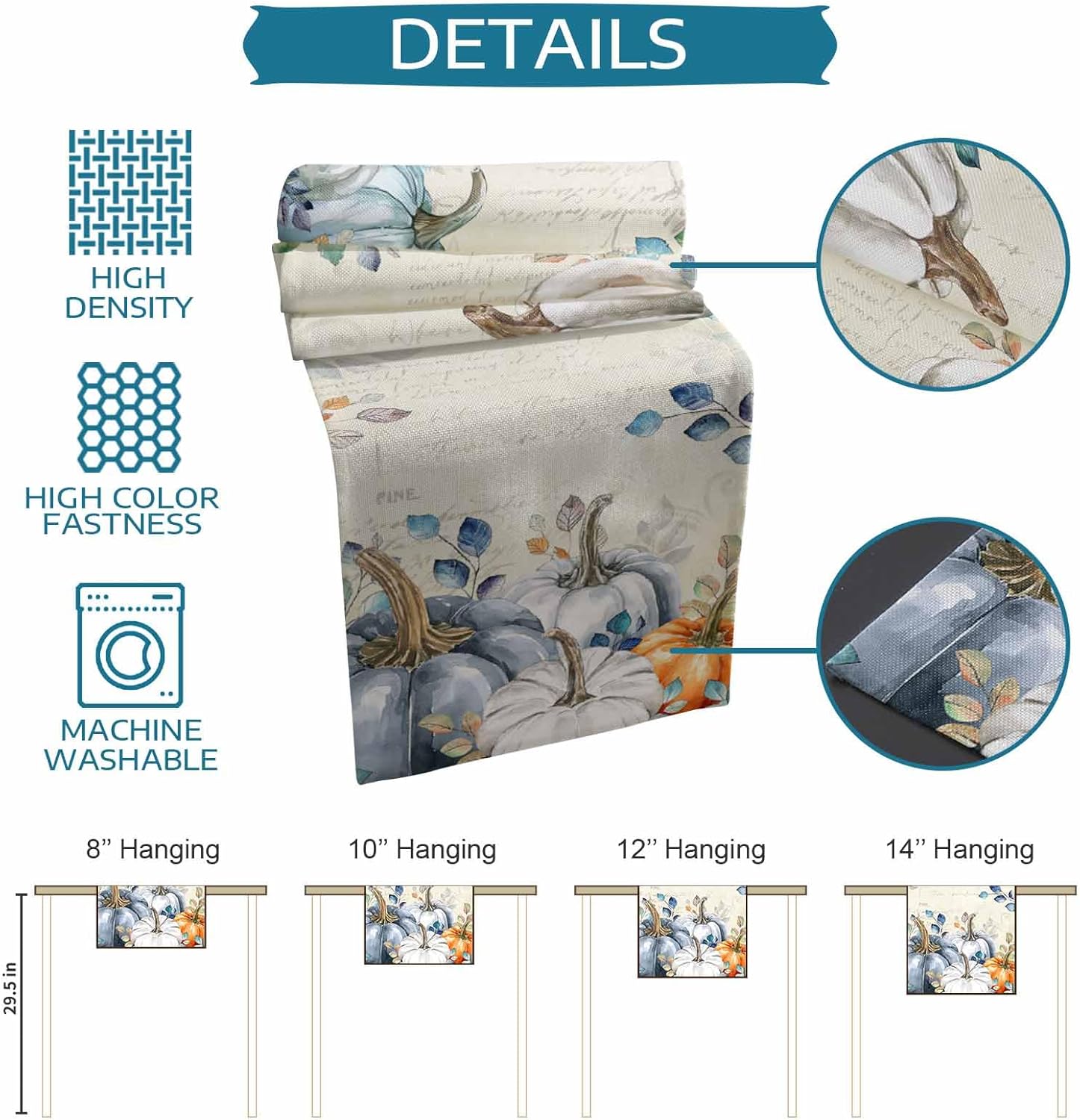 Fall Table Runner 13x120 Inches Long Thanksgiving Pumpkin Runner for Table Teal Blue Eucalyptus Leaves Table Runners Cotton Linen Dresser Scarf for Kitchen Coffee Dining Autumn Holiday Party Decor