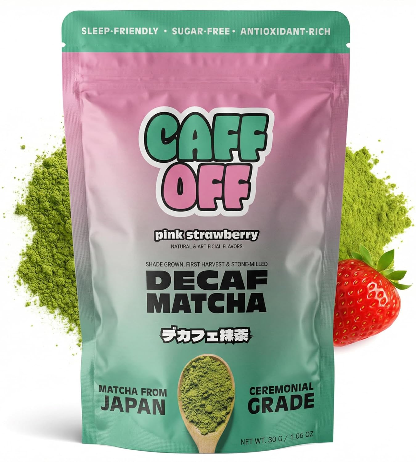 Caff Off Decaf Strawberry Matcha Green Tea Powder From Japan – 1.06 oz / 30 g – Ceremonial Grade & Sugar-Free – No Fillers or Milk Powders – Naturally Decaffeinated Without Chemicals – Tested for Heavy Metals – First Harvest, Shade-Grown & Caffeine-Free Matcha Powder