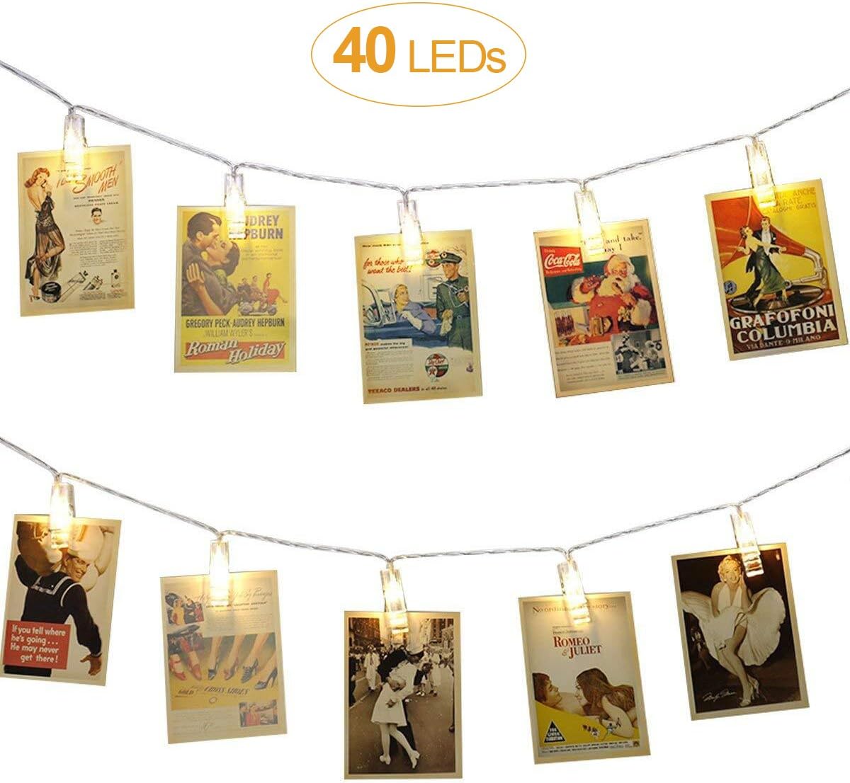 AOSTAR 40 LEDs Photo Clips String Lights (16.4ft, Warm White) Remote Control Fairy String Lights for Bedroom Hanging Photos, Cards and Artworks