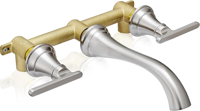 Brass Wall Mount Tub Filler, High Flow 8" Spout Reach Brushed Nickel Bathtub Faucet, 2 Handles Tub Faucets, Rough in Valve Included
