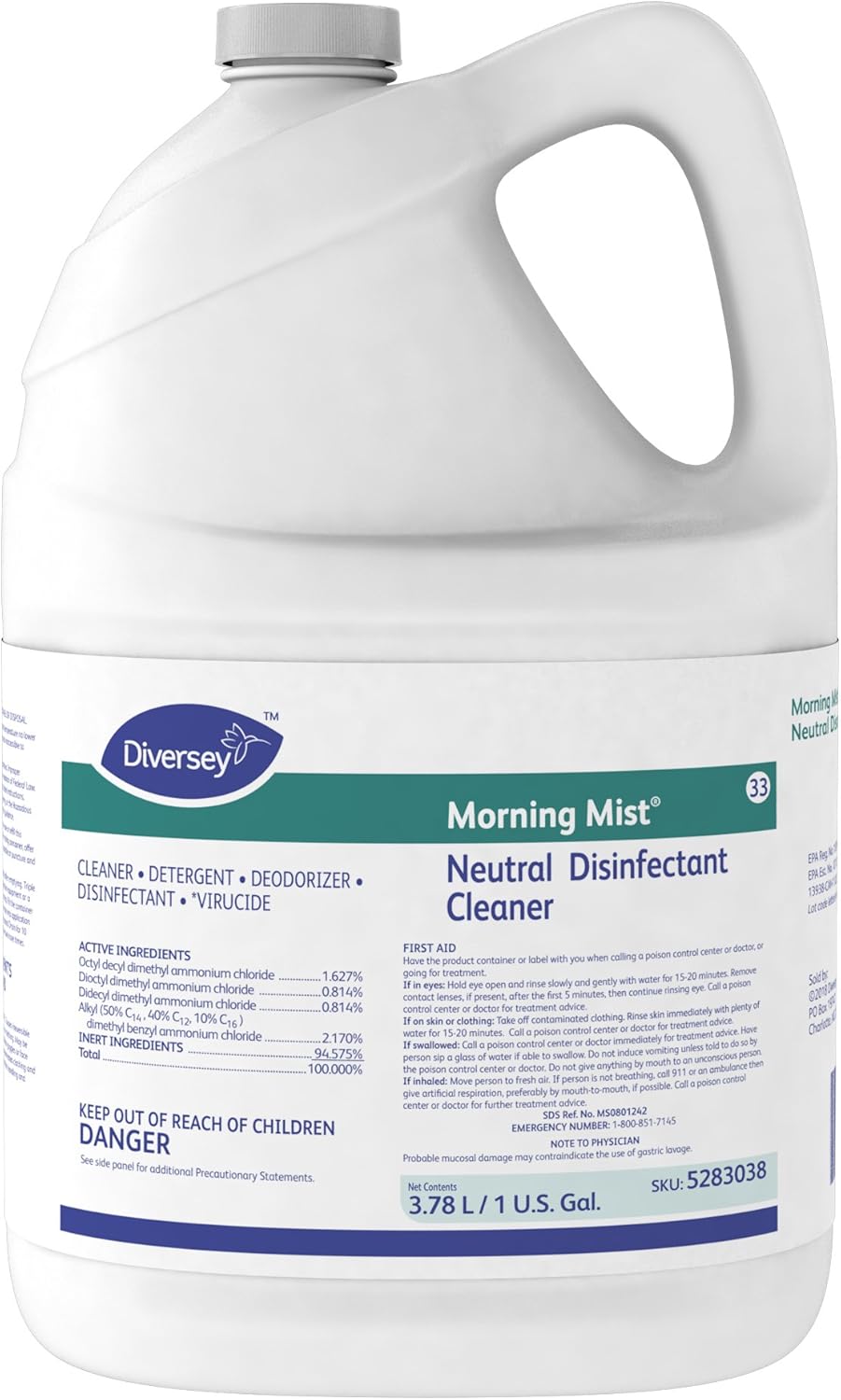 Diversey Morning Mist Fast Neutral Disinfectant Cleaner - Fresh Scent - 1 Gallon Concentrate, 4 Pack (Packaging May Vary) : Health & Household