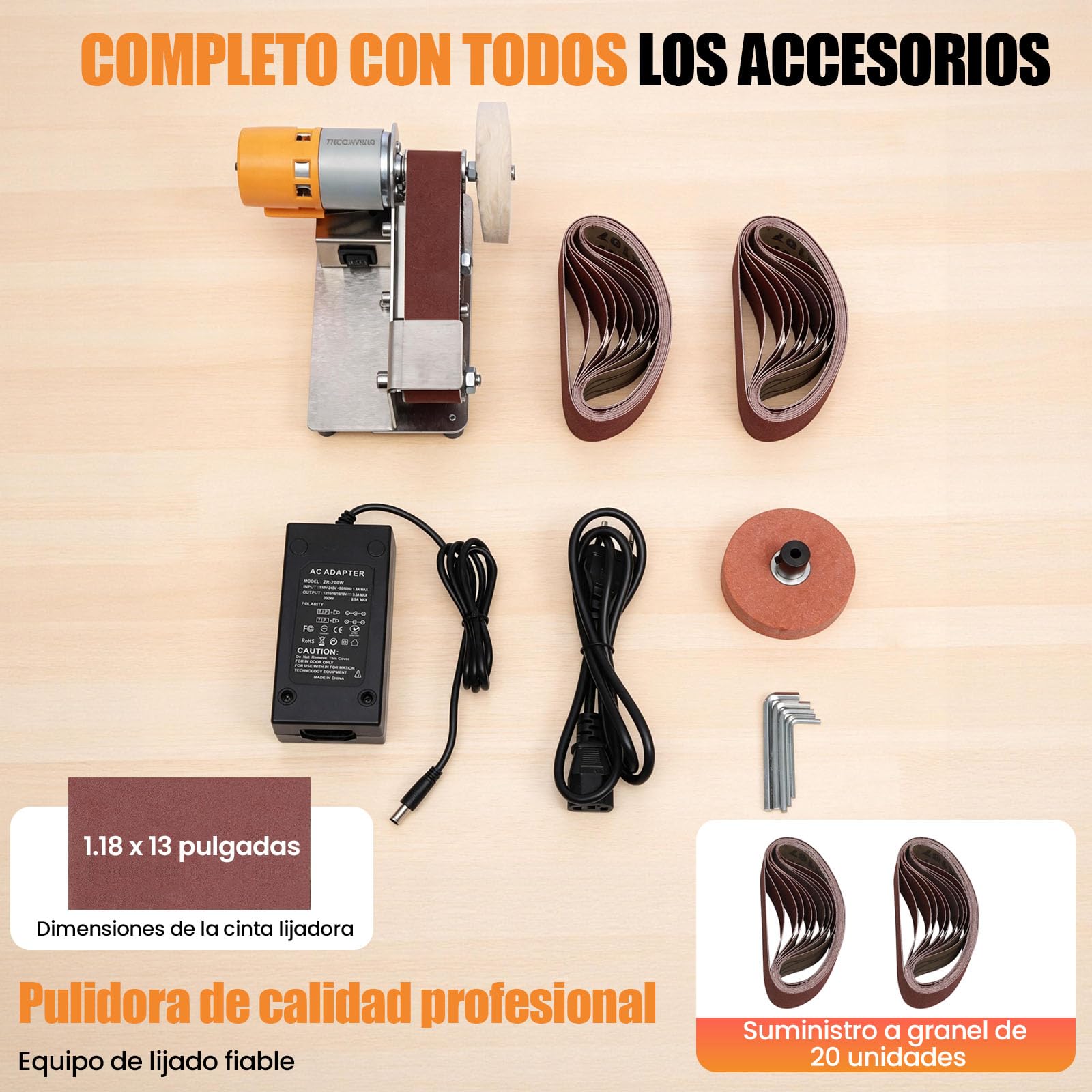 Lijadora de banda eléctrica, lijadora de banda pequeña con 20 bandas de lijado, pulidora ajustable de 7 niveles para aluminio, ámbar, cerámica, vidrio