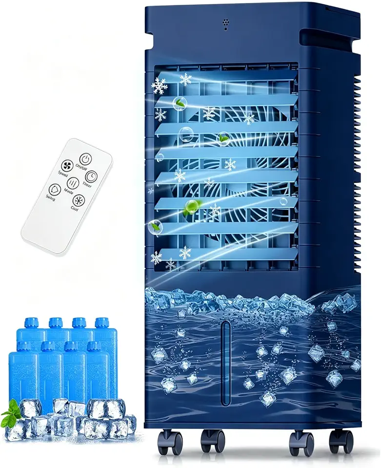 Ar-Condicionado Portátil — Climatizador Evaporativo para Ambientes, Ventilador de Resfriamento sem Instalação em Janela (Sopra Ar Frio) com Controle Remoto e Reservatório de 5L (azul escuro)