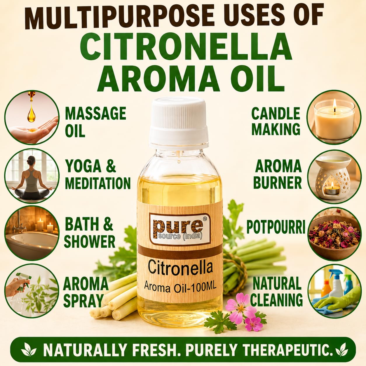 Pure Source India Citronella Aroma Oil 100ml with Dropper Bottle | Premium Fragrance Oil for Diffuser, Candle Making, Soap Making, Potpourri, Aroma Burner, DIY Crafts & Home Fragrance 2