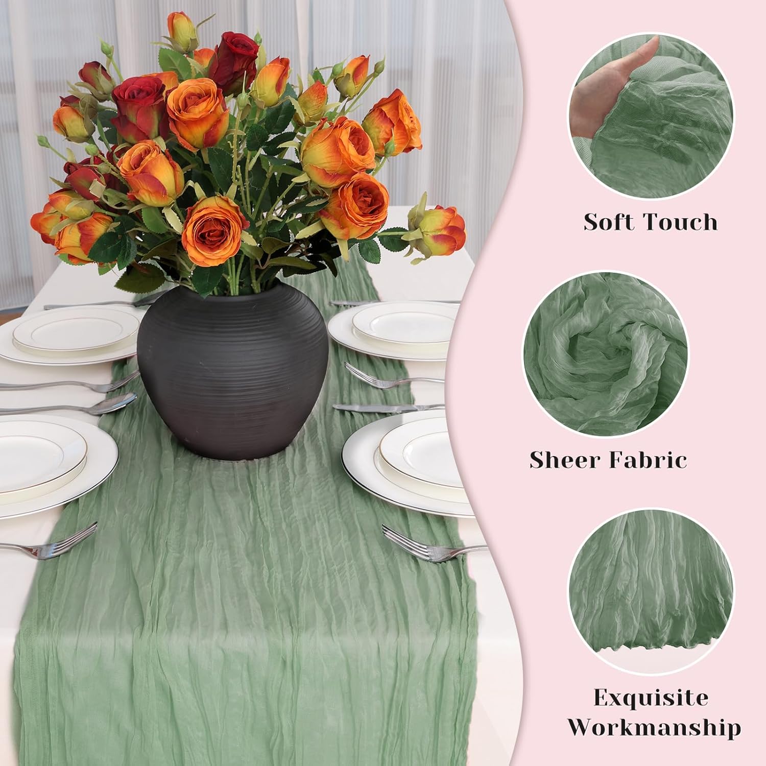 Sage Green Table Runner, 10 Ft Easter Cheesecloth Table Runner, Gauze Rustic Spring Table Runners for Wedding, Party, Baby & Bridal Shower, 120 in Boho Cheese Cloth Table Runners for Valentines - Image 3