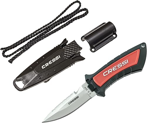 Miniatura 1 de Cressi Cuchillo de hoja corta para buceo y pesca submarina con funda de liberación rápida y soporte de manguera, Lima diseñado en Italia