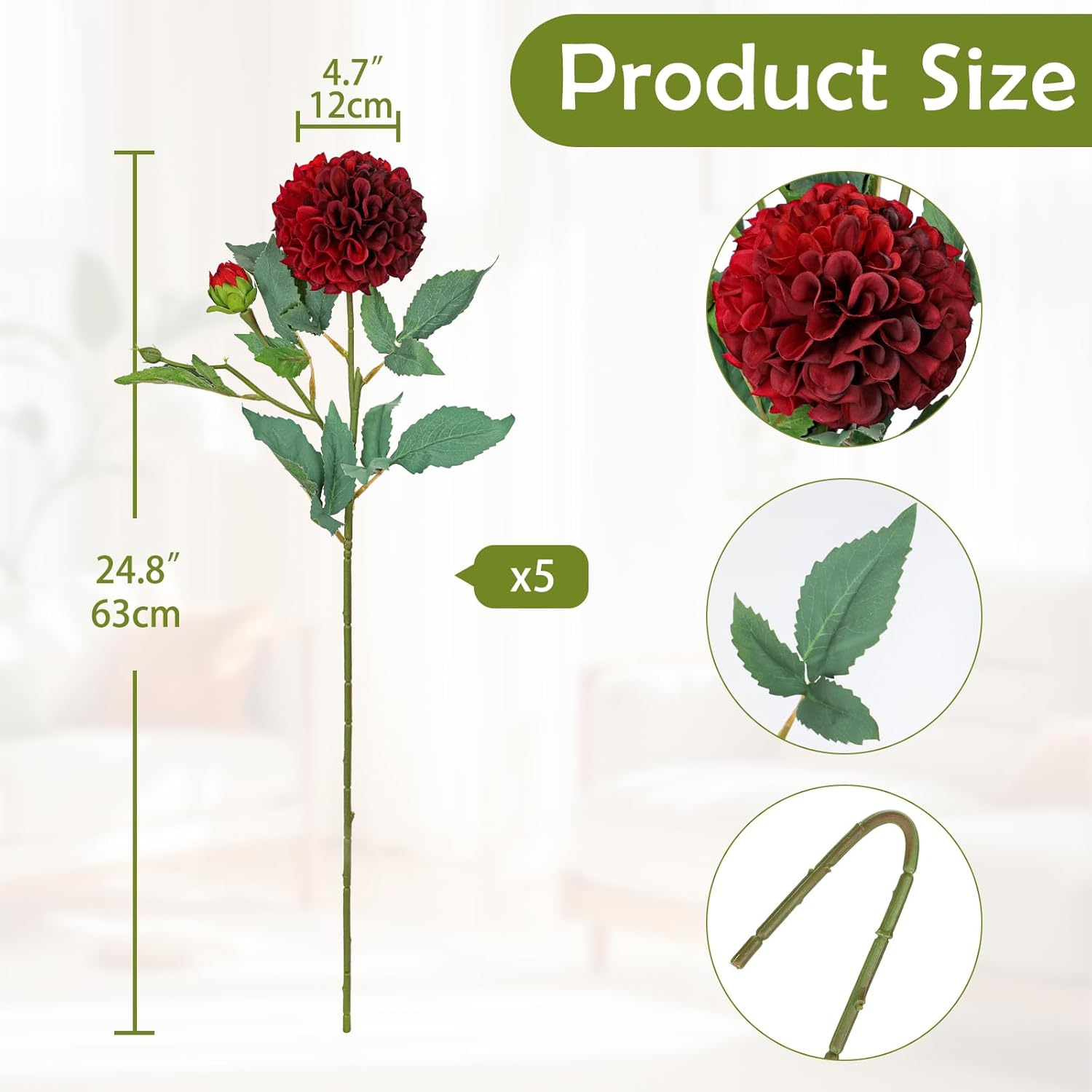 Hollyone 5PCS Dahlia Fall Flowers Artificial for Decoration 24.8" Red Fake Ball Dahlias Autumn Silk Flowers Arrangements Faux Roses Flower with Stems Bouquets Centerpieces Fall Decorations for Home - Image 2