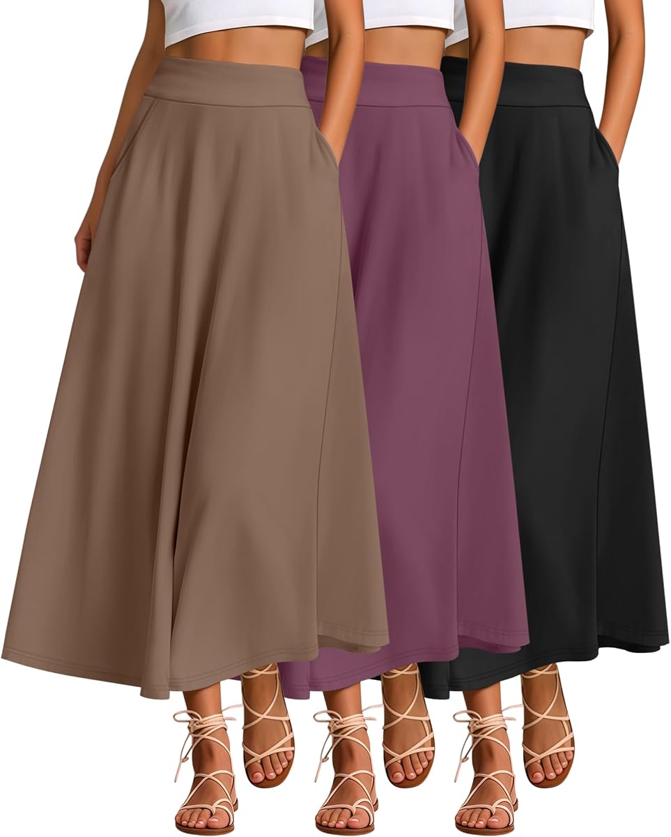 Ficerd 3 Pack Summer Maxi Skirts for Women | Pockets, Ankle Length, High Waisted, Flowy, Comfy, Trendy, Soft, Casual, Lightweight, Elegant, Versatile, Beach, Vacation
