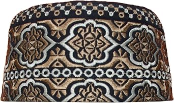 Omani Style Arab Kufi Hat Black Base w/Silver Brown Flower Embroidery Islamic