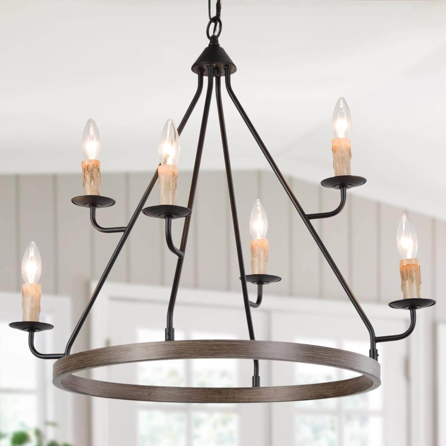LALUZ Farmhouse Chandelier, Large 6-Light Wagon Wheel Chandeliers 2 Tier Round Pendant Light Fixtures for Dining & Living Room, Foyer and Bedroom