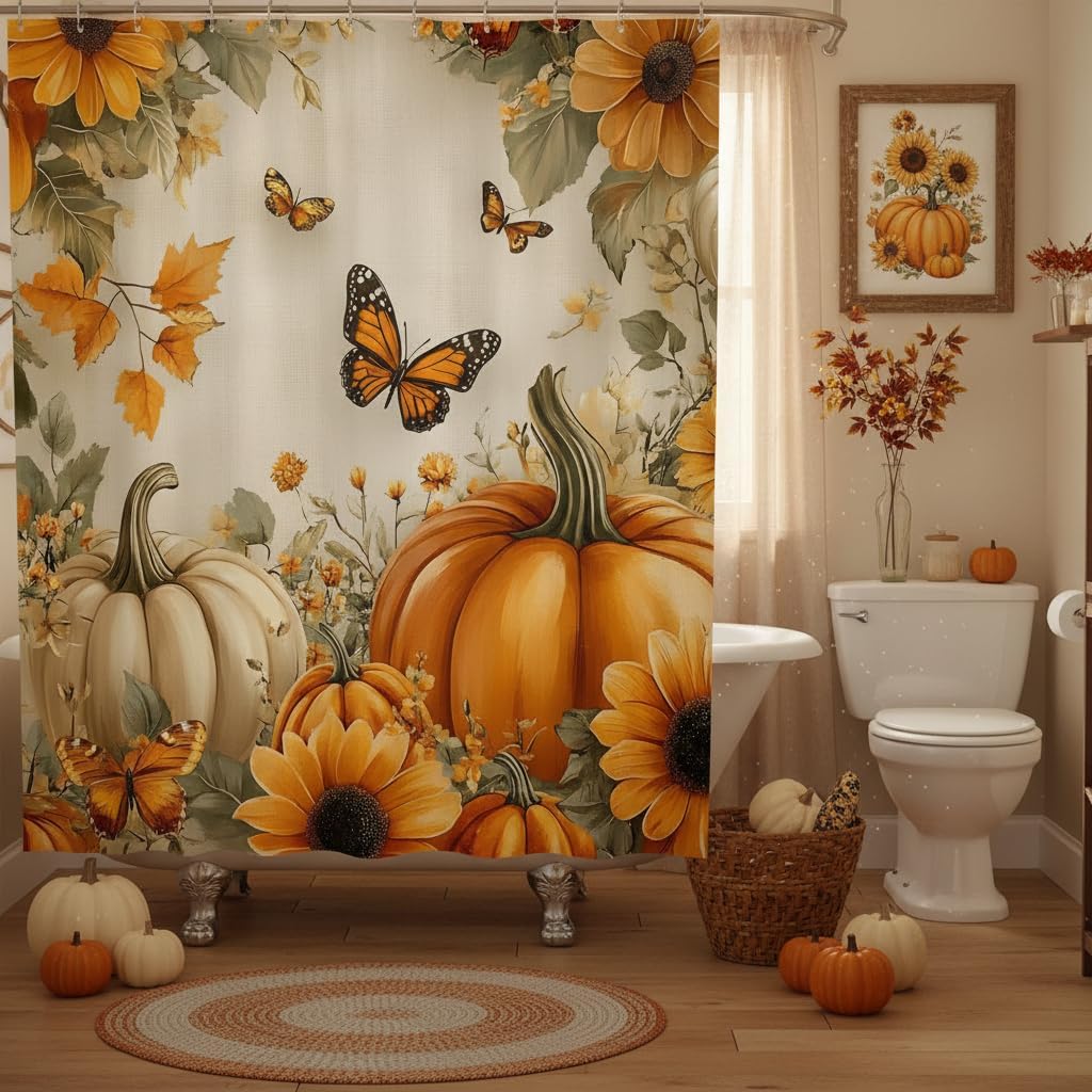 Fall Pumpkin Sunflower Shower Curtain Wildflower Butterfly Forest Rustic Country Farmhouse Harvest Thanksgiving Day Natural Landscape Polyester Bathroom Curtains Set with Hooks 70"x70"