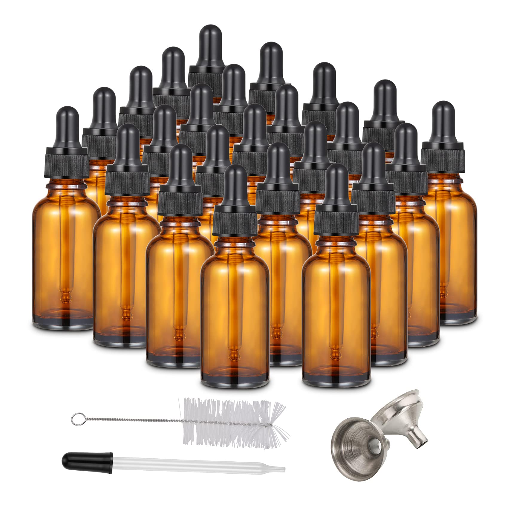 24 Pack Amber Glass Dropper Bottle, 1 oz Tincture Bottles with Eye Dropper, 30ml Dropper Bottle with 2 Stainless Steel Funnel, 1 Extra Dropper, 48 Stickers and 1 Brush for Essential Oil, Perfume