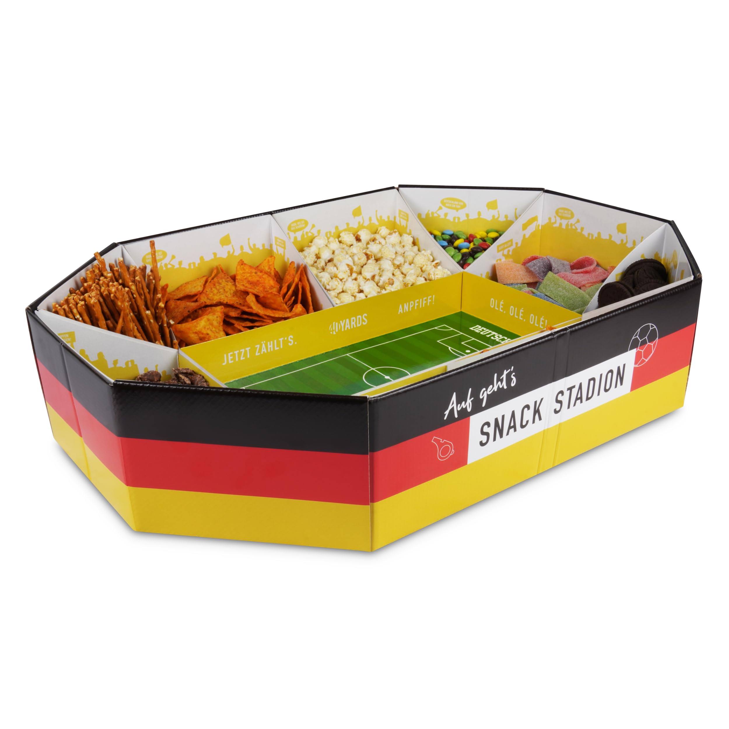 40YARDS Fußball Snack Stadium XXL 61x43 cm Deutschland Fanartikel | Großes Snackstadion für Fußball WM 2026 | Fussball Deko für Weltmeisterschaft | Party Snackschale | Deutschland Flagge + Tippspiel