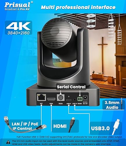 Miniatura 11 de Cámara NDI PTZ, 30X NDI/SDI/HDMI/USB3.0/IP Streaming con seguimiento automático AI, baja latencia para iglesia, transmisión, eventos en vivo