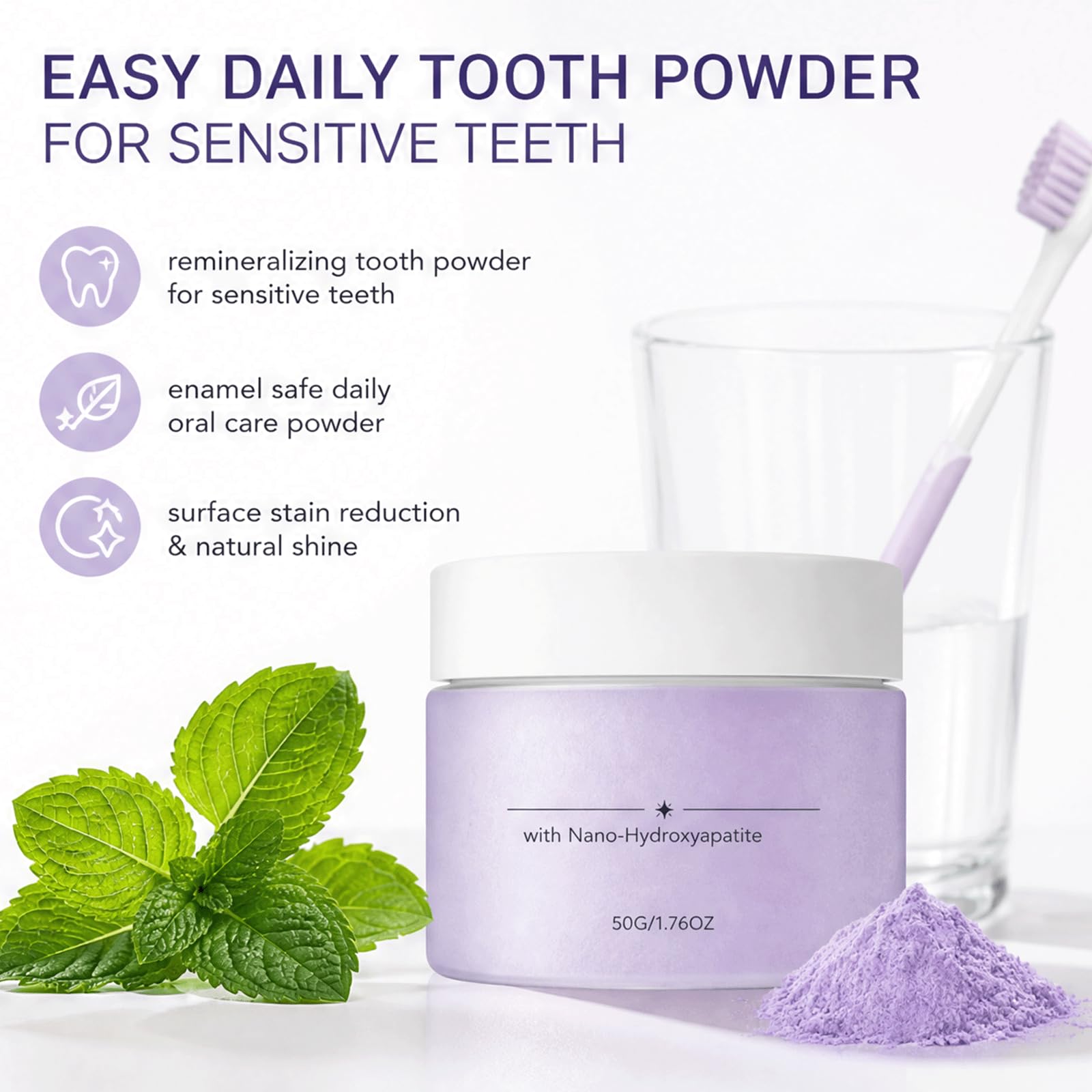 Poudre dentaire violette pour l'élimination des taches de surface - poudre dentaire reminéralisante à la menthe naturelle, soins bucco-dentaires quotidiens sans danger pour l'émail, (5PCS)
