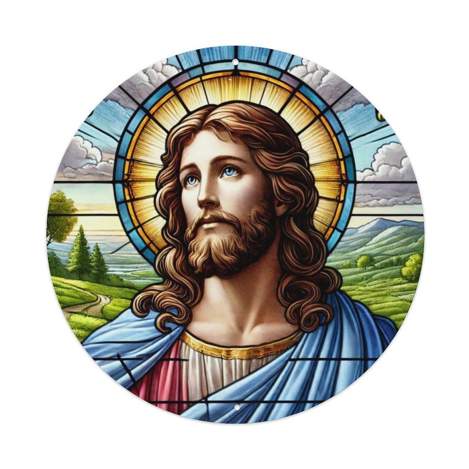 Jesus Stained Glass Window Art Vintage Metal Tin Sign Retro Wall Decor for Home Bar Garage Cafe, Indoor & Outdoor Decorative，circle Metal Poster, 8x8 Inch