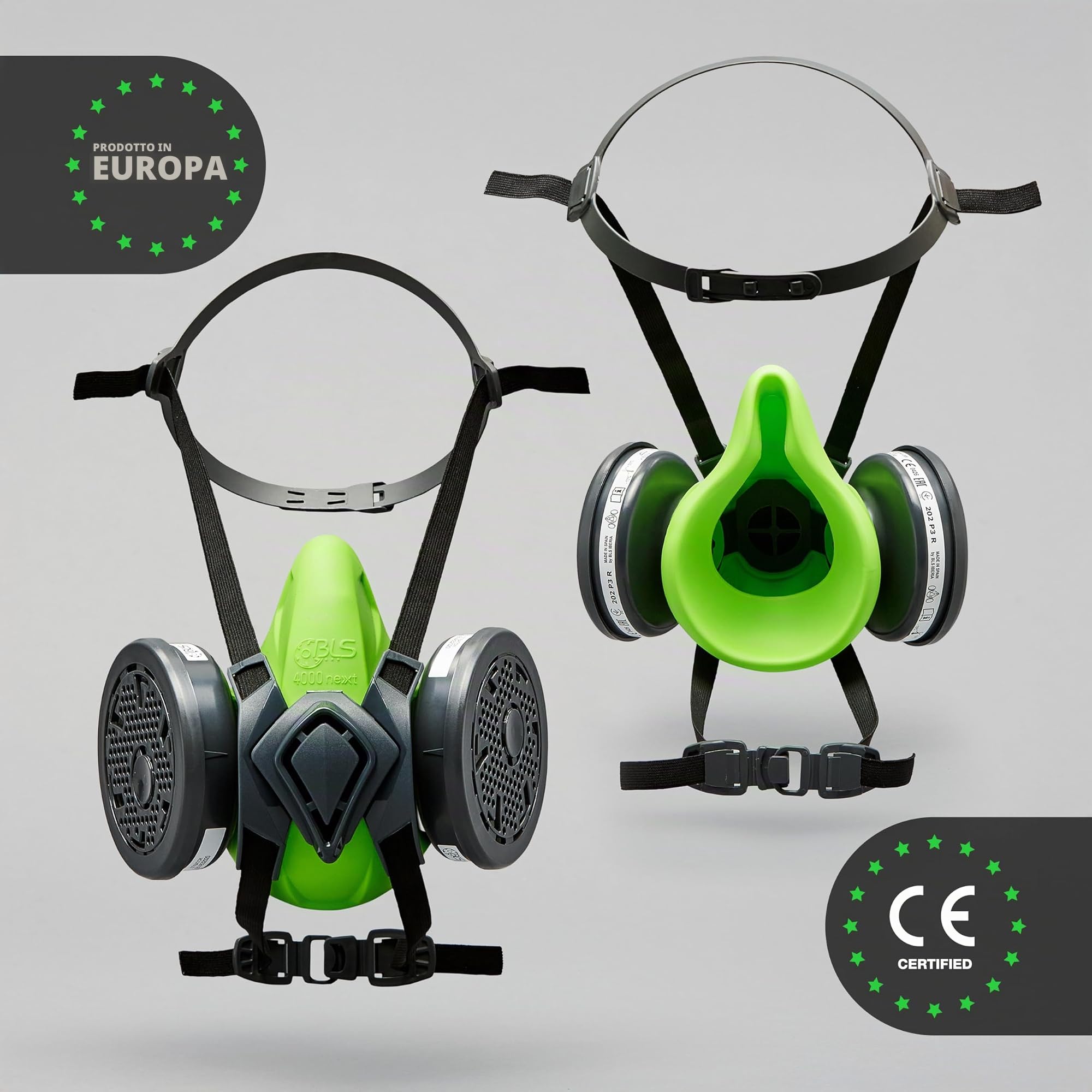 BLS 4500next P3 R D Semimaschera Protettiva in Silicone e 2 Filtri Sostituibili 202 P3 con Attacco a Baionetta b-lock. Per Polveri, Falegnameria, Edilizia, Saldatura e Fai da Te