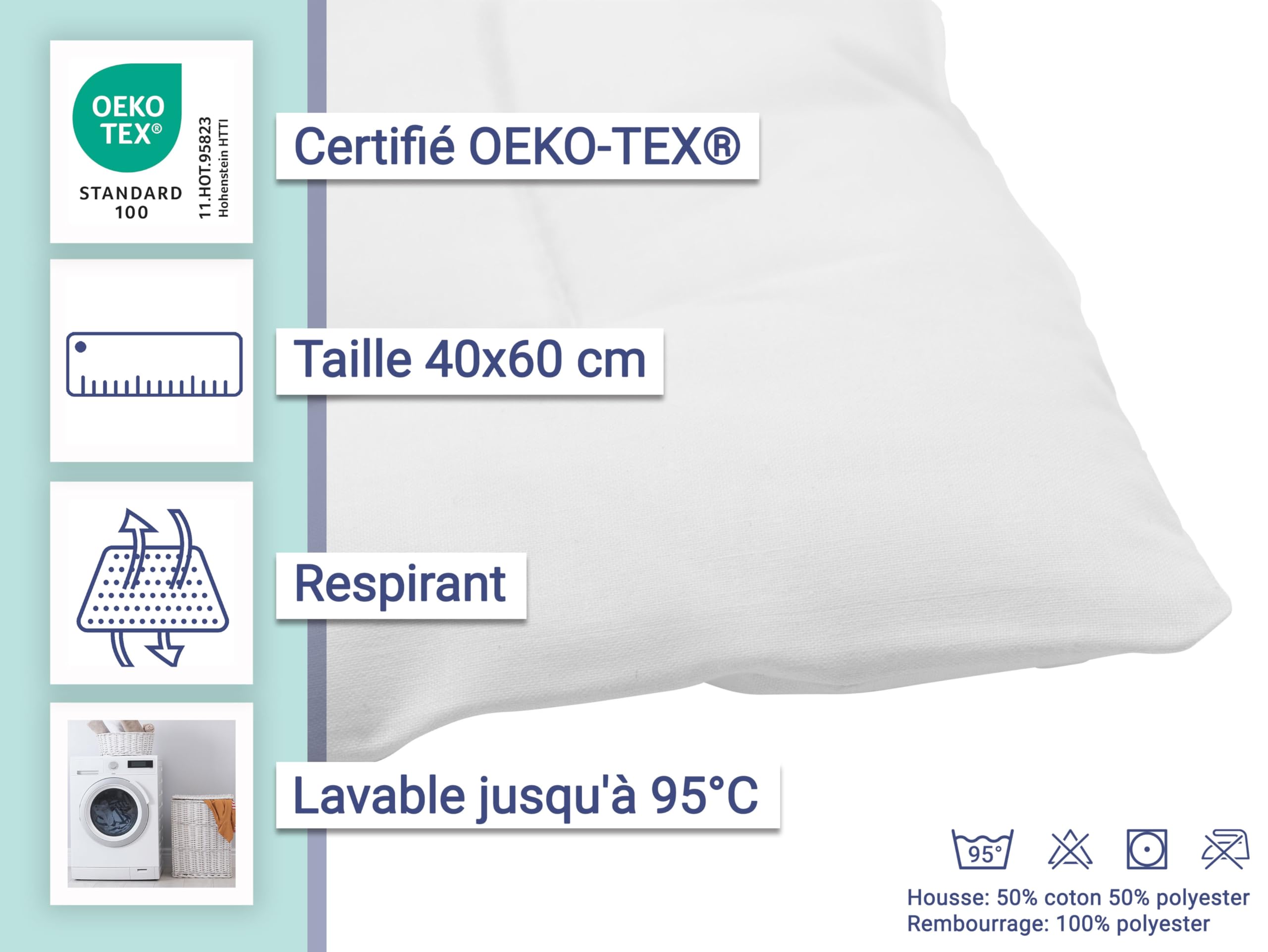 ZOLLNER Oreiller Plat pour Les Petits Enfants - Convient aux Personnes allergiques - Tissu mélangé - Lavable à 95°C - 40x60 cm - qualité hôtelière