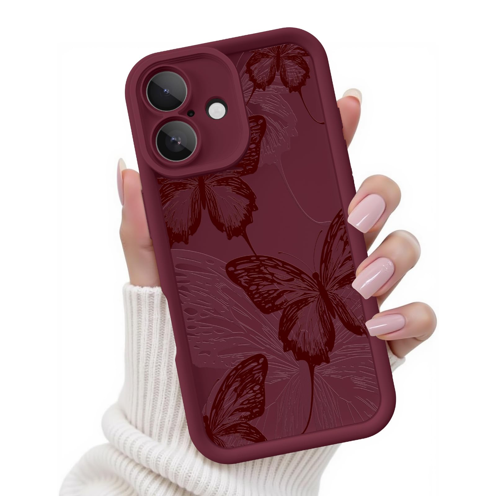 Custodia per iPhone 17, design creativo con motivo a farfalla, per ragazze e donne, in morbido silicone antiurto e antigraffio, cover per iPhone 17 (farfalla rossa bordeaux)