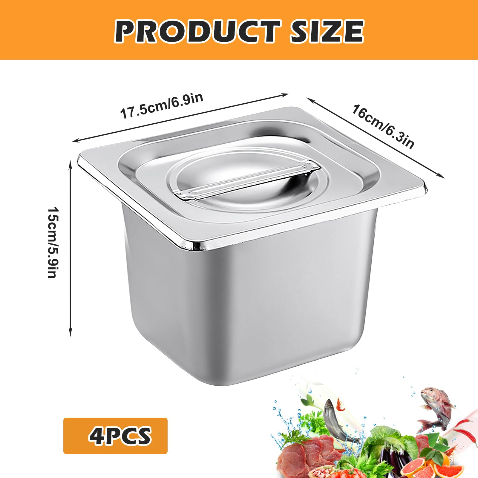 BYZESTY Juego de 4 recipientes GN de 1/6 – 15 cm de altura de acero inoxidable con tapa, recipientes gastronorm para almacenamiento profesional de alimentos