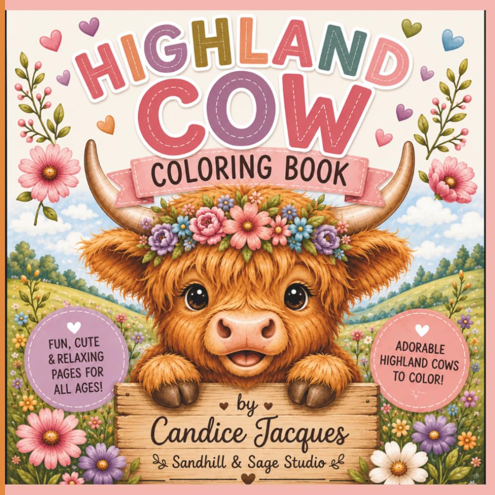 Highland Cow Coloring Book: Bold & Easy Coloring Pages Featuring Cute Highland Cows and Farm Friends