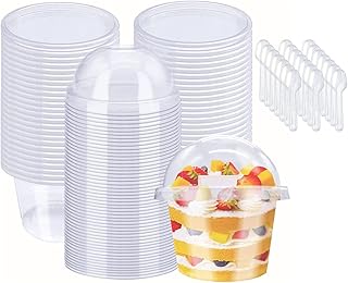 Dessert Cups with Lids, 100 Sets 300ml(10oz) Clear Dessert Cups with Dome Lids & Spoons, Mini Parfait Cups for Fruit Ice C...