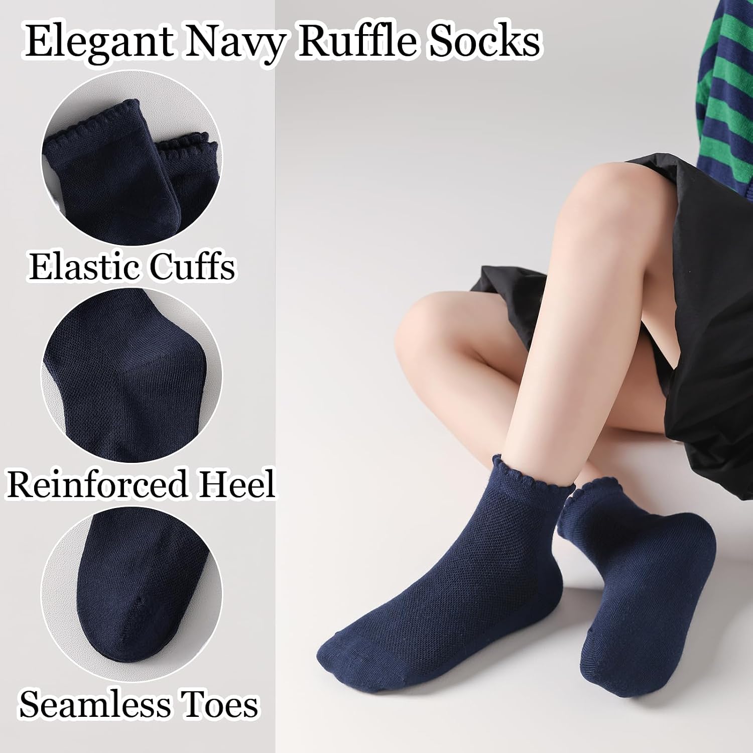 Girls White Ruffle Socks 6 Pairs,Girls Ankle Socks for School Uniform Seamless Cotton Dress Sox 4-6/6-8/9-12 Years