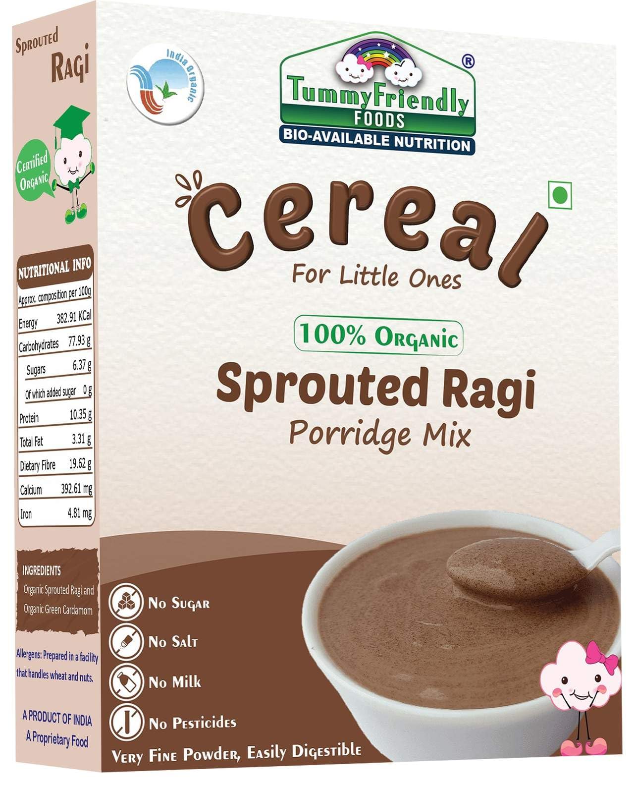 TummyFriendly Foods Certified Organic Sprouted Ragi Flour For Little Ones. Made of Organic Sprouted Ragi Powder | Ragi Flour for Babies, kids, rich in Calcium, Iron, Fibre & Micro-Nutrients. Ragi Sari Nachani Satva. No Sugar, No Salt, No Milk, No Chemicals, No Pesticides | Maximum Nutrition From Real Food. Available in Trial Baby Packs too. Baby Cereal for 6-12 months. Shelf Life 6 Month | 200g, ONE PACK