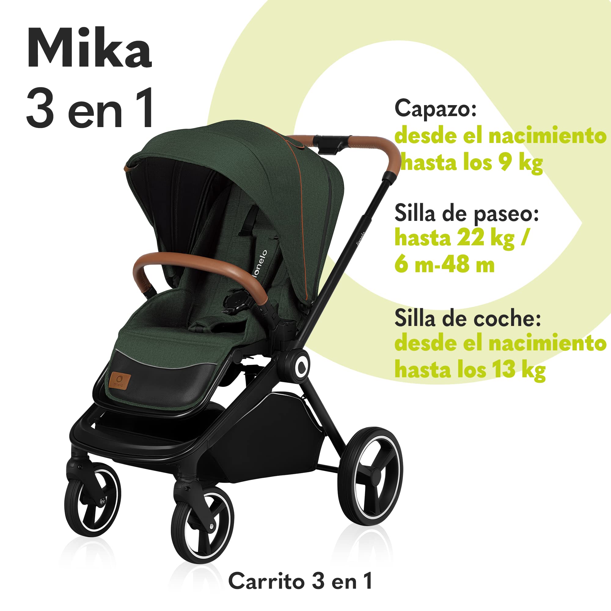 LIONELO Mika cochecito de bebé 3 piezas, coche de bebé 3 en 1, carrito para bebé, carro bebé 3 piezas el conjunto, silla de paseo, capazo y silla de coche