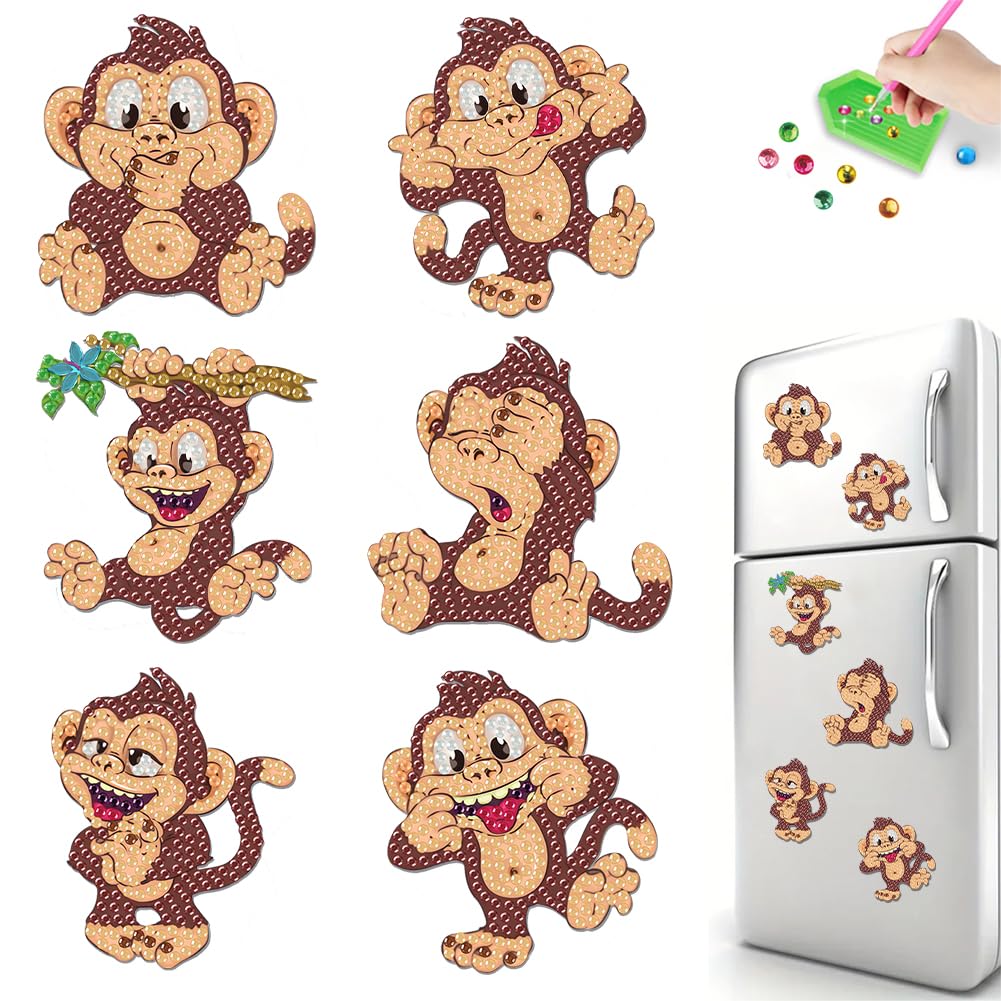 Bxt0049 6Pcs Monkey Diy Diamond Painting Refrigerator Magnet Kit Mini Diamond Refrigerator Stickers Art Magnet Fridge Stickers Easy Diy Crafts For Adults Beginners
