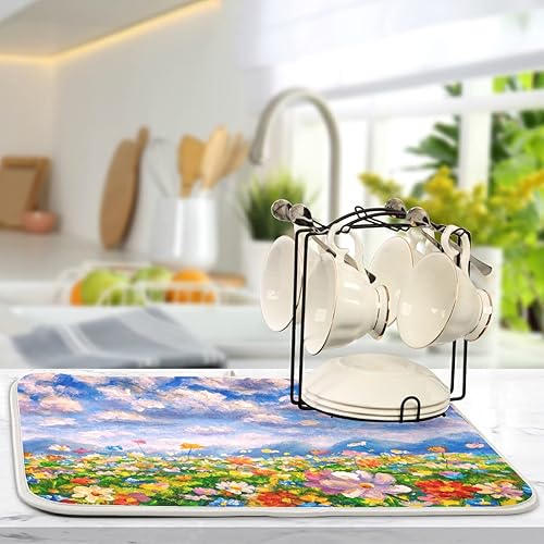 Vista 109 de Tapete de secado de platos de flores de fondo negro para encimera de cocina de 18 x 24 pulgadas, tapete de microfibra absorbente, tapete de secado