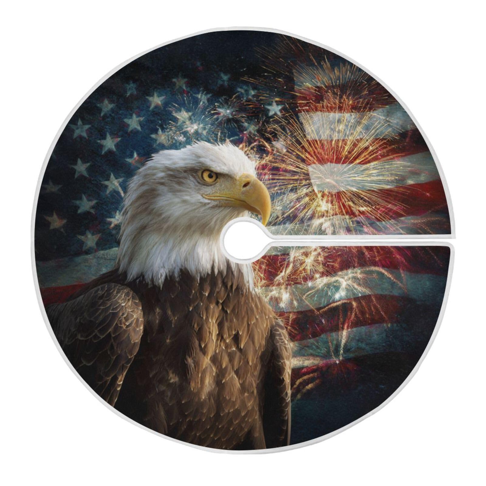 Patriotic Independence Day Tree Skirt 36 in Eagle USA Flag Fireworks Memorial Christmas Xmas Tree Skirts Holiday Party Tree Stand Mat Tree Skirt for