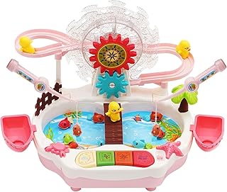 Climbing Stairs Toy, 3-in-1 Multifunctional Fishing Game with Slide, Fishes, 2 Fishing Rods,3 Ducks, Roller Coaster Playset with Lights & Music,Electric Duck Ferris Wheel Track Slide Set for Kids