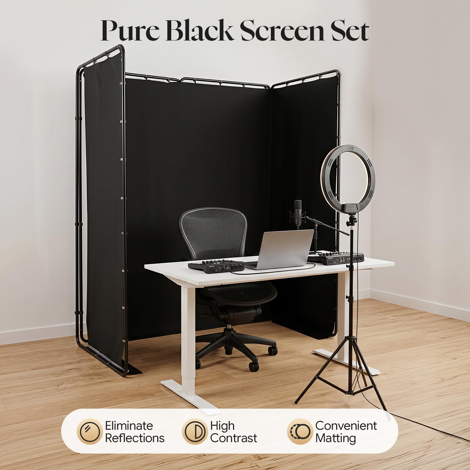 Kit de support de fond 3,88 x 2,3 m avec chiffon vert ou noir, système de fond réglable pour studio photo, enregistrement vidéo, streaming en direct et Chroma Key (tissu noir)