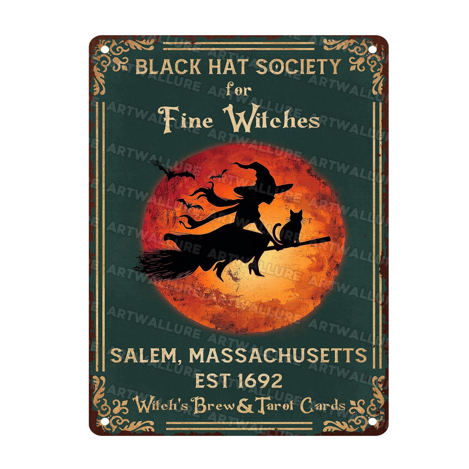 Black Hat Society for Fine Witches Vintage Retro Metal Tin Sign Rustic Wall Decor Witch Halloween Art Metal Plaque for Home Bar Cafe Farmhouse 12x16inch