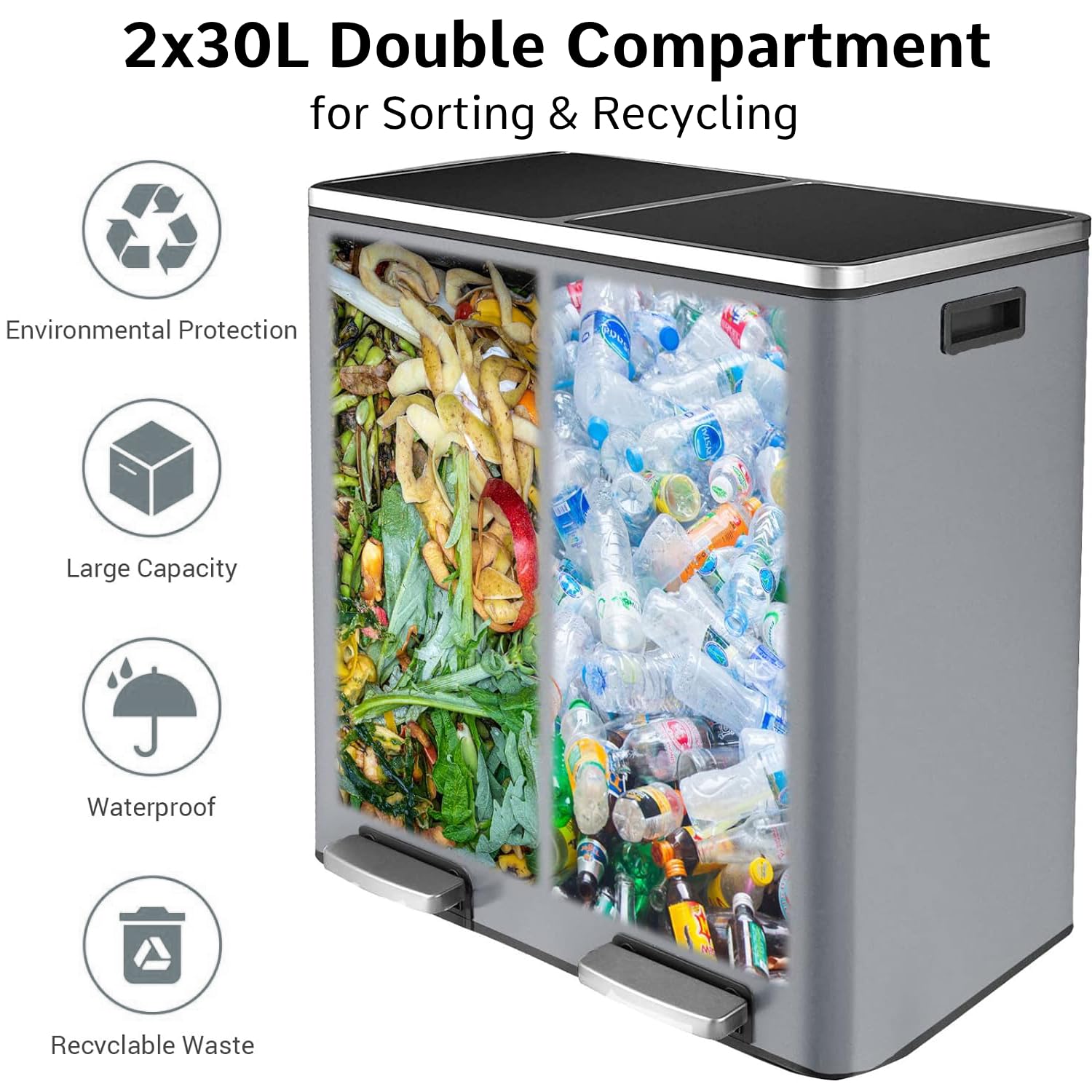 Dwukomorowy Kosz na śmieci do kuchni 60l, 2x30 l Metalowy kosz na śmieci z Pedałem, 2 zdejmowany plastikowe wiaderka, pokrywa Softclose, Duży kosz do recyklingu śmieci, szary