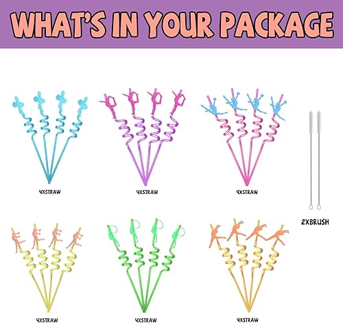 Miniatura 3 de 24 popotes de gimnasia reutilizables para bailar, bebidas de plástico, para cóctel, con decoración de dibujos animados, para niños, gimnasia, diso,